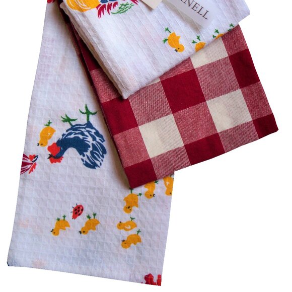 April Cornell 3 Pc. Cotton Kitchen Tea Towel Set Red White Roosters Chick Checks - Picture 4 of 4